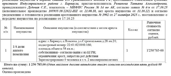Лот№3 1/4 доли жилого помещения кадастровый номер: 22:61:021040:166; площадь объекта 58 кв.м.. адрес: г.Барнаул, с.Власиха, ул.Строительная д.28 кв.24. Зарегистрировано 4 человека в т.ч. 2 несовершенолетних. Нач. цена 1250785  руб. (согласно выписке из ЕГРН, должник  Дубовая С.Е.,ограничения: арест, запрет на рег.действия) (1902)