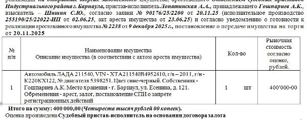 Лот№4 Автомобиль ЛАДА 211540, VIN - XTA211540B4952410, г/в – 2011, г/н - К220КХ122, № двигателя 5398251. Цвет сине-черный. Нач.цена 400000 руб. (Гошпариев А.К., арест, залог, постановление СПИ о запрете регистрационных действий) (2238)