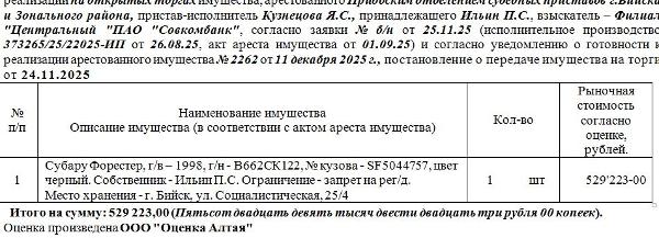Лот№6 Субару Форестер, г/в – 1998, г/н - В662СК122, № кузова - SF5044757, цвет черный. Нач. цена 529223 руб. (Ильин П.С., запрет р/д) (2262)