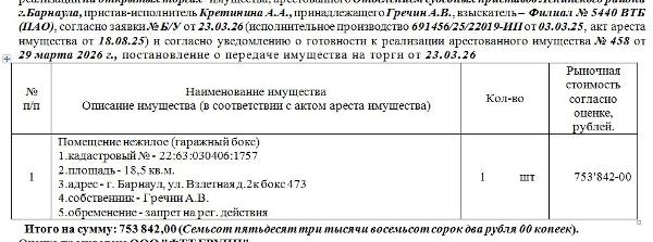 Лот№2 Помещение нежилое (гаражный бокс) кадастровый № - 22:63:030406:1757 площадь - 18,5 кв.м. адрес - г. Барнаул, ул. Взлетная д.2к бокс 473. Нач.цена 640765 руб. 70 коп. (Гречин А.В., обременение - запрет на рег. действия) (458) (повторные)