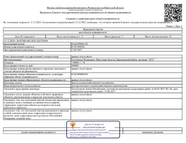 Земельный участок общей площадью 130000 кв. м, кадастровый номер 85:02:090503:65, категория земель - земли сельскохозяйственного назначения, вид разрешенного использования - для организации сельскохозяйственного производства, местоположение: Иркутская обл., Баяндаевский р-н, урочище «МТС».