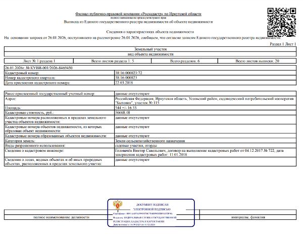 Земельный участок общей площадью 544 кв. м, кадастровый номер 38:16:000023:72, категория земель - земли сельскохозяйственного назначения, вид разрешенного использования - садовые участки, огороды, местоположение: Иркутская обл., Усольский р-н, садоводческий потребительский кооператив «Бытовик», 115.