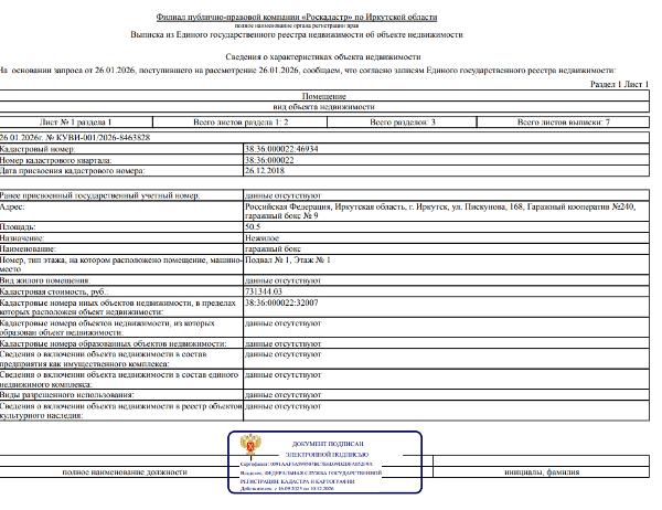 Нежилое помещение площадью 50,5 кв.м, кадастровый номер 38:36:000022:46934, местоположение: г. Иркутск, ул. Пискунова, 168, гаражный кооператив № 240, гаражный бокс № 9
