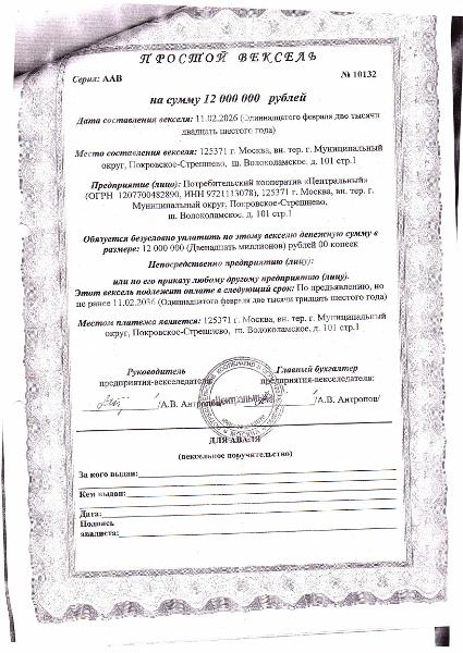 Простой вексель серии ААВ № 10132 на сумму 12 000 000 руб., дата составления 11 февраля 2026 г. Место составления: 125371, г. Москва, вн. тер. г. Муниципальный округ, Покровское-Стрешнево, ш. Волоколамское. д. 101, стр. 1. Предприятие: потребительский кооператив "Центральный" (ОГРН 1207700482890, ИНН 9721113078)