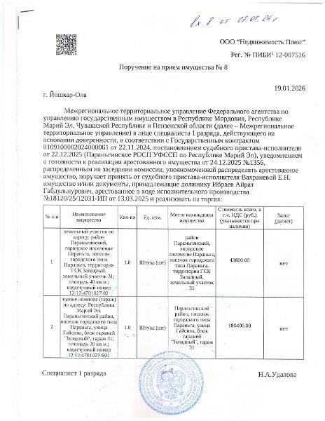 Земельный участок, кадастровый номер 12:12:4701027:82 и здание нежилое (гараж) площадь 20 кв.м.; кадастровый номер 12:12:4701027:901, расположенные по адресу: Республика Марий Эл, Параньгинский район, поселок городского типа Параньга, улица Гайсина, блок гаражей "Западный", гараж 31