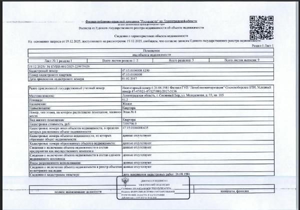 1/6 доли в квартире общей пл., 61.2 расположенная по адресу: Ленинградская область, Сосновый Бор, ул. Молодежная, д. 33, кв. 105