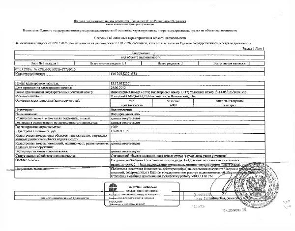 Сооружение (водопроводная сеть) протяжённостью 6 000 м.