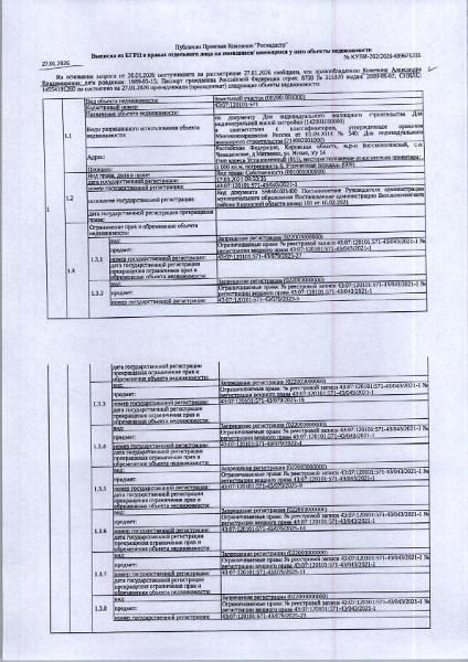 (№104-05-25) Жилое помещение (квартира) общей площадью 41,5 кв.м., расположенное по адресу: Республика Коми, г. Инта, ул. Южная, д. 2, кв. 27, этаж 2 в 5-тиэтажном кирпичном доме, кадастровый помер: 11:18:0604004:465, вид права: собственность. Задолженность собственника по взносам за капитальный ремонт на 27.01.2026 — 44 467,08 руб. Имеется информация об отсутствии зарегистрированных лиц в жилом помещении. Должник Кожевина А.В. Начальная цена: 256 700 рублей. Обременение: арест.
