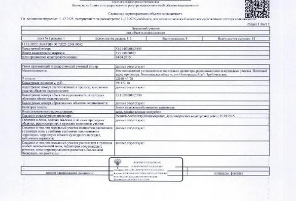 земельный участок общей площадью 12500 кв.м., кадастровый номер 53:11:0700402:915, категория земель: земли населенных пунктов, вид разрешенного использования: дачи, хозяйственные постройки, расположенный по адресу: Новгородская область, Новгородский район, с/п Трубичинское