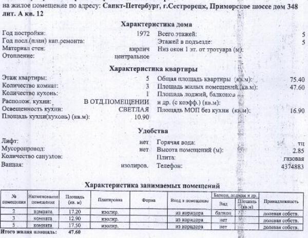 13/96 долей в квартире общ. пл. 75,4 кв.м. кад.№ 78:38:0011105:1181 по адресу: Санкт-Петербург, г. Сестрорецк, ш. Приморское, д. 348, литера. А, кв. 12