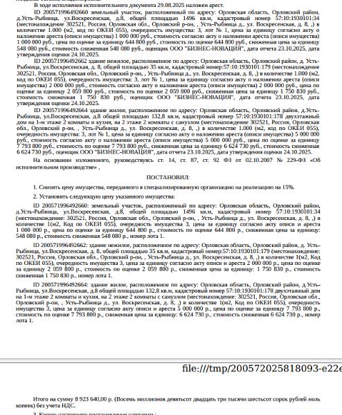 Жилой дом, площадь 132,8 кв.м., кадастровый номер: 57:10:1930101:178, Здание, нежилое, летняя кухня, площадь 35 кв.м., кадастровый номер: 57:10:1930101:179. Земельный участок, земли населенных пунктов, для строительства жилого дома, площадь 1496 кв.м., кадастровый номер 57:10:1930101:34,местоположение установлено относительно ориентира, расположенного в границах участка. Почтовый адрес ориентира: Орловская обл,д Усть-Рыбница, ул Воскресенская, д 8. Взыскатель: УФК по Орловской обл.