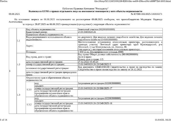 Д-к: Медведюк Н.А. 1/3 доли в праве здания, площадь 55,2 кв.м., кадастровый номер 23:01:0403020:1250. 1/3 доли в праве земельного участка (для ведения личного подсобного хозяйства), площадь 1650 кв.м., кадастровый номер 23:01:0403020:26. Границы земельного участка не установлены в соответствии с требованиями земельного законодательства. Адрес: Краснодарский край, Абинский район, ст.Мингрельская, ул. Ленина, 48. Начальная цена 923 780 руб., задаток 138 567 руб., шаг аукциона 9 238 руб., ув. 1480