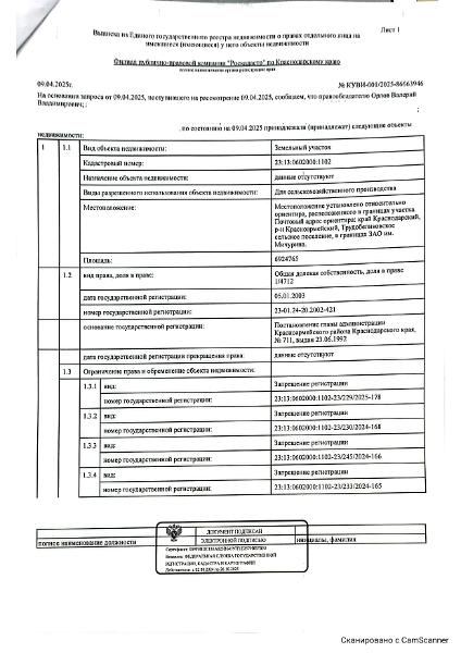Д-к: Орлов В.В. 1/4712 доля земельного участка (для сельскохозяйственного производства), общая площадь 6876766 кв.м., кадастровый номер 23:13:0602000:1102. Адрес: Краснодарский край, Красноармейский район, с. Трудобеликовское, в границах ЗАО им. Мичурина. Границы земельного участка не установлены в соответствии с требованиями земельного законодательства. Начальная цена 43 500 руб., задаток 6 525 руб., шаг аукциона 435 руб., ув. 1855