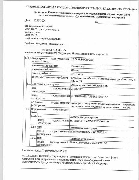 Жилое помещение (квартира), площадь 33,10 кв.м., кадастровый номер: 66:58:0114001:4255, г. Первоуральск, ул. Советская, д. 13а, кв. 13, рег.№ 43-2961/24