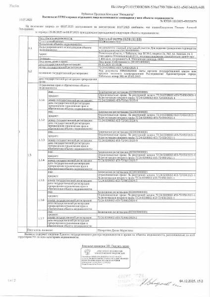 Земельный участок, площадь 1404 кв.м., кадастровый номер: 72:24:0208002:453, г. Тобольск, тер. БСИ-2, квартал 2А, № 2, ул. Зеленая, уч.1, рег.№ 72-010459(26)