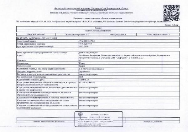 Земельный участок общ. пл. 781 кв.м., кадастровый № 47:16:0201047:40 и расположенный на нем жилой дом общ. пл. 62 кв.м., кадастровый № 47:16:0201047:85, по адресу: Ленинградская область, Кировский мун. район, Отрадненское г.п., Отрадное, СНТ "Огородник", 2-я линия, д. 33.