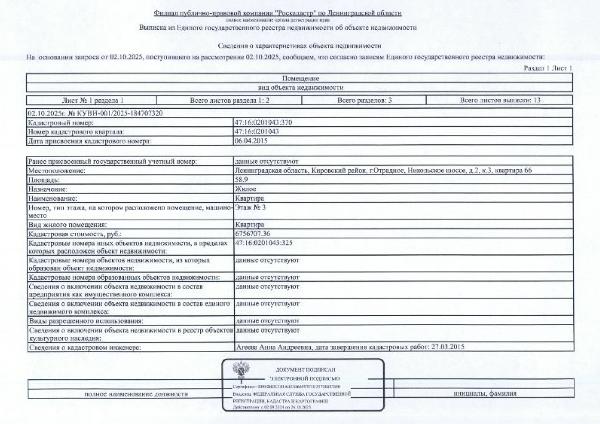 квартира общ.пл.58,9 кв.м. кадастровый № 47:16:0201043:370, расположенная по адресу: ЛО, Кировский район, г. Отрадное, Никольское шоссе, д. 2, корп.3, кв. 66
