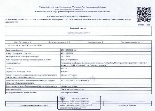земельный участок общ.пл. 430 кв.м. кадастровый № 47:21:0305001:136, расположенный по адресу: ЛО, Кингисеппский район, г. Ивангород, , ОНТ «Южный-1», ул. Гороховая, уч. 97.