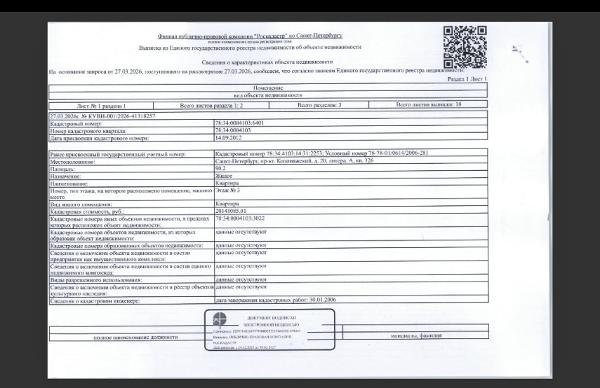 Квартира общей площадью 90,2 кв.м., кадастровый № 78:34:0004103:6401, расположенная по адресу: г. Санкт-Петербург, КОЛОМЯЖСКИЙ пр., д. 20, Литера А, кв. 326. Форма №7 и №9 от 26.03.2026 г., в квартире зарегистрировано 4 человека.