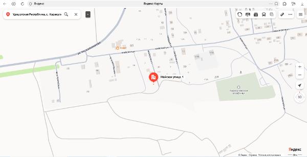 Земельный участок площадью 1 413 кв. м, категория земель – земли населенных пунктов,кадастровый номер 18:11:022003:191; жилой дом площадью 155,4 кв. м, назначение – жилой дом, кол-во этажей – 2 (в том числе подземных – 0), кадастровый номер 18:11:022003:67, местонахождение: Удмуртская Республика, с.  Каракулино, ул. Майская, д. 1