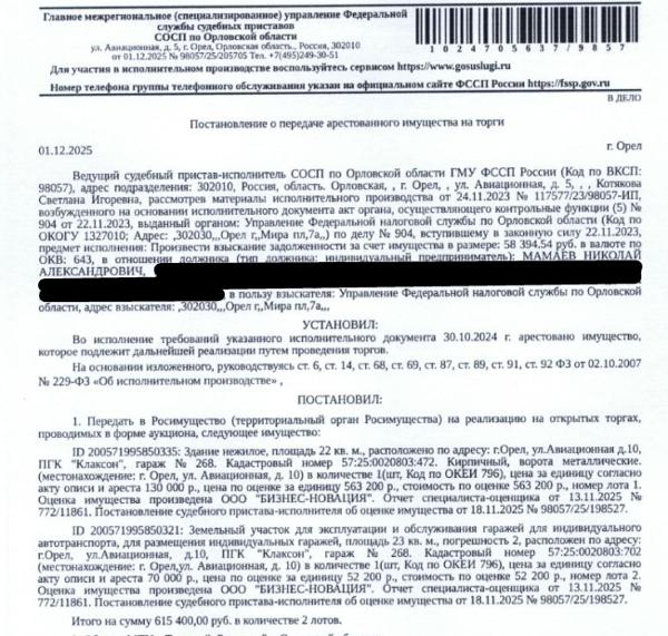 Гараж, кадастровый номер 57:25:0020803:472, площадь 22 кв.м., местоположение: Орловская обл, г Орёл, ул Авиационная, д 10, ПГК "Клаксон", гараж № 268. Земельный участок, земли населенных пунктов, для эксплуатации и обслуживания гаражей для индивидуального автотранспорта, кадастровый номер 57:25:0020803:702, площадь 23 +/- 2 кв.м., местоположение: Орловская обл, г Орел, ул Авиационная, 10,ПГК "Клаксон", гараж №268. Взыскатель: УФНС по Орловской обл.