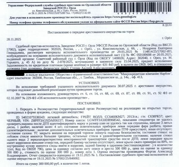 Легковой универсал ГРЕЙТ ВОЛЛ СС6460КМ27, 2013 г.в., г/н: С638РК57, цвет черный, VIN: Z8PFF3A5XDA056157, машина после ДТП на лобовом стекле имеются большие трещины, левое переднее крыло имеет коррозию и внешние отверстия, передний бампер частично отсутствует, левое крыло сжато примерно на 80%, по внутреннему кузову имеются следы вмятин и коррозии, задний бампер в царапинах. Место хранения: г. Орел, ул. Ростовская, д. 26. Ответственный хранитель Степин А.А. Залогодержатель: ООО «МКК Нарбон».