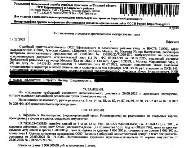 Автобус длиной от 8 м до 12 м. 2227 SK, г.н. Х316НА71, г.в. 2011, VIN XUS2227SKB0000488, в хорошем состоянии, цвет белый, опечатан. Место хранения: г. Ефремов, ул. Колхозная, 4, Автосервис МТМ. Ответственный хранитель Гаврилов И.В. Взыскатель: Штраубэ Л.В.