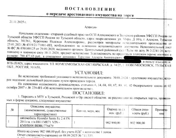 Легковой автомобиль универсал ХЕНДЭ САНТА ФЕ 2.4 АТ, 2011 г.в., г/н Н611МЕ71, VIN KMHSH81BDBU776479. Место хранения: г. Тула, ул. Рязанская, 28 Б. Ответственный хранитель Нечаев М.В. Залогодержатель: Банк ВТБ (ПАО).